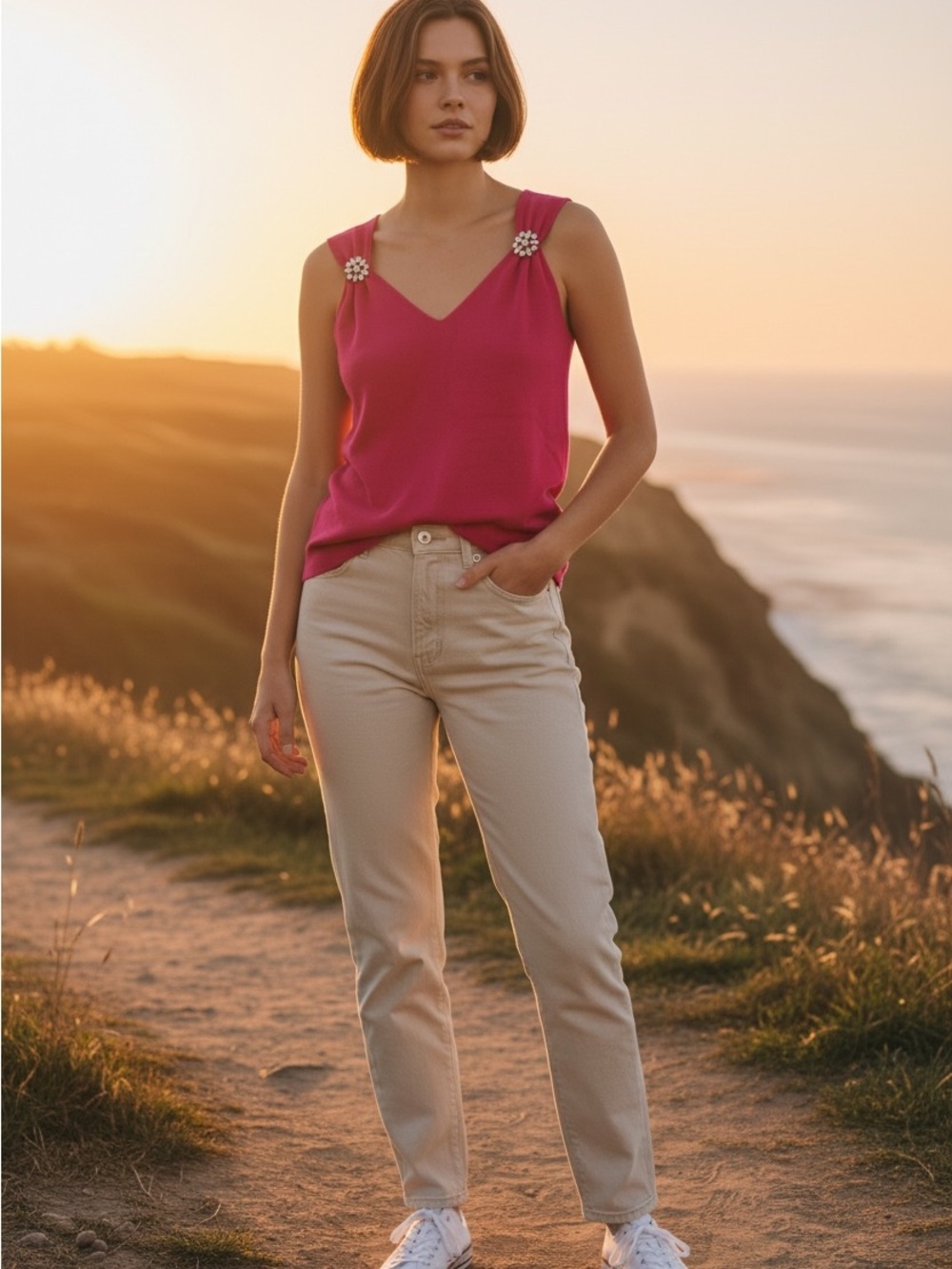 Talbots Fuchsia Sleeveless V-Neck Camisole with Jewel Shoulder Accents